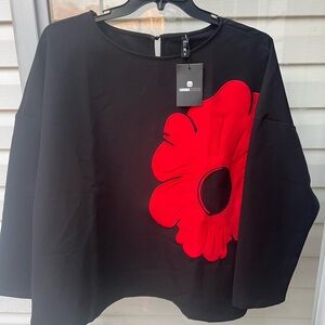 Stylewe Black Blouse W/ Striking Red Bold Floral Accent And Long Sleeves size 2X